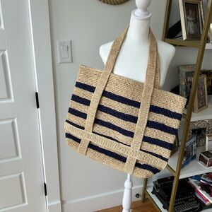Hat Attack Natural Straw Tote in Beige/Navy; never used.